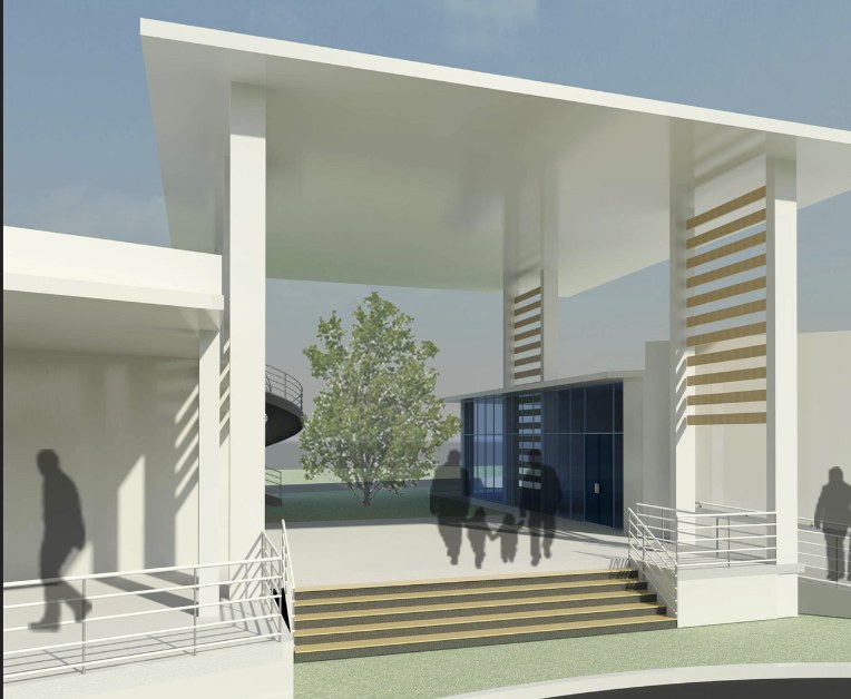 Render of the healthcare centre entrance canopy and steps