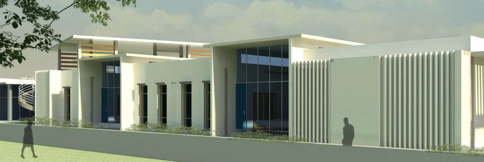 Render of a single-storey healthcare centre with deep roof overhangs and vertical fins