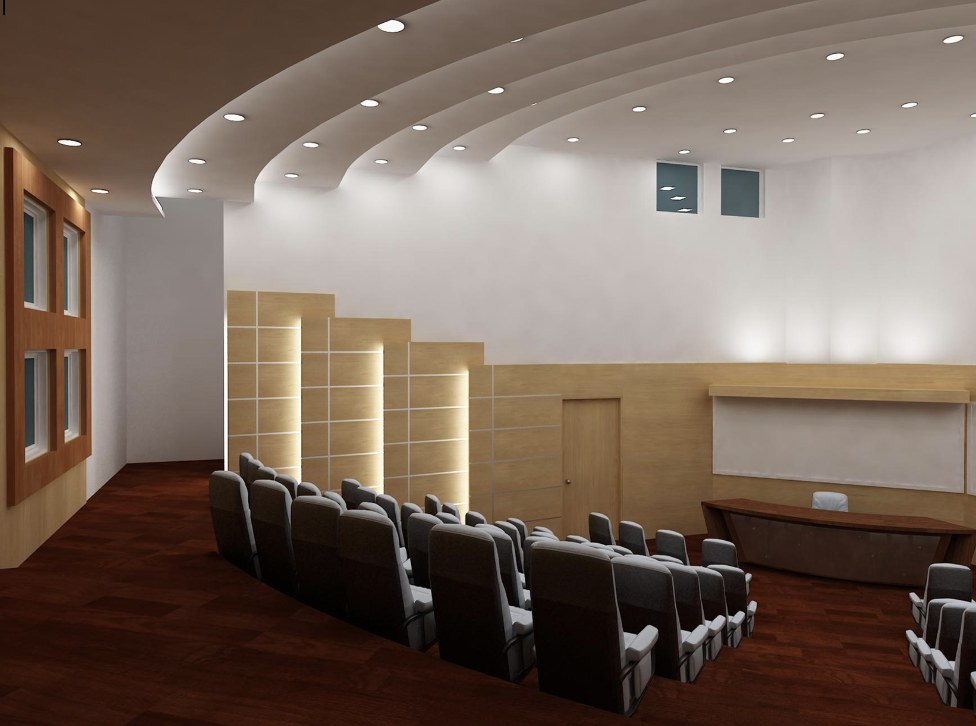 Render of a seminar hall with a stepped curved ceiling and tiered seating