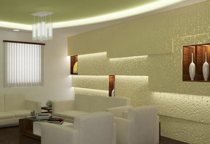 Render of a lounge with a textured, backlit feature wall and display niches