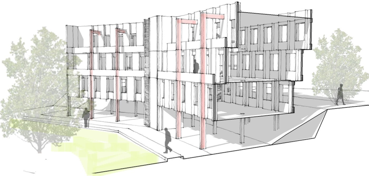 Sectional sketch of a three-storey administration block