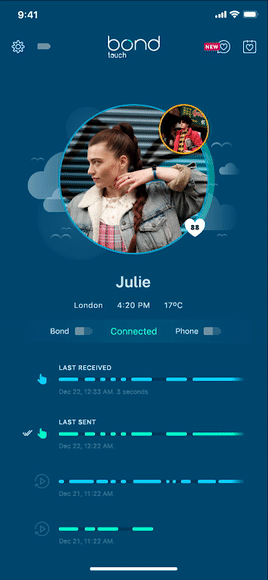 Bond Touch app showing a connected partner and recent touches