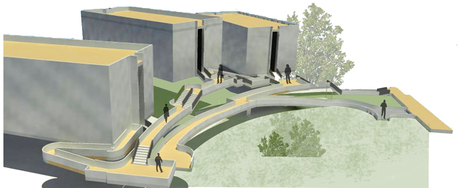 Render of curved ramps and stairs linking the IGIDR buildings across a sloping site