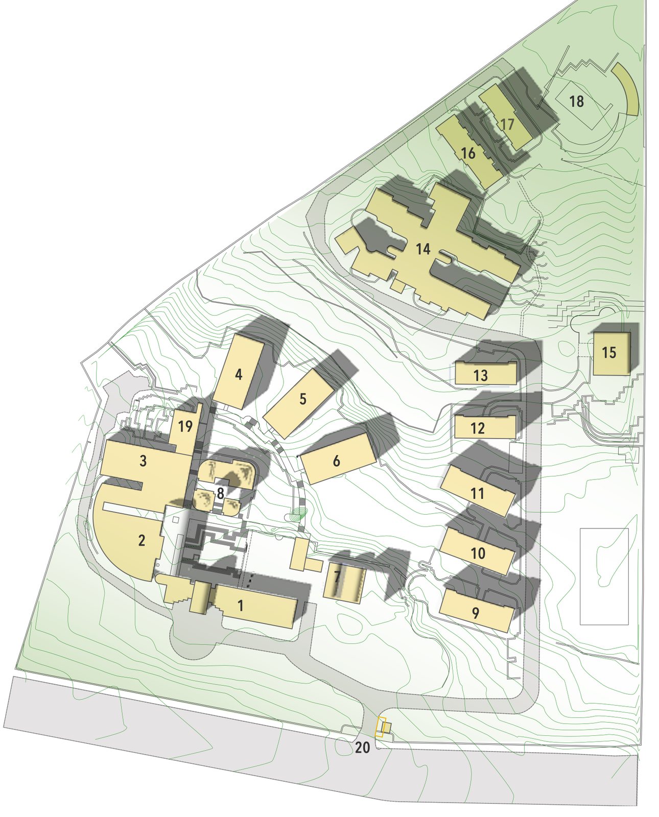 Site plan of the IGIDR campus with its numbered academic and residential blocks