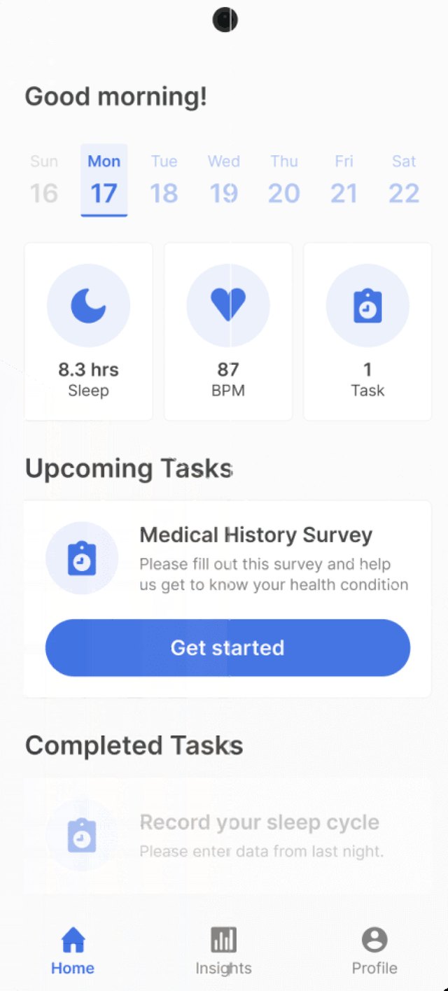 Patient app home screen showing sleep, heart rate and an upcoming medical history survey